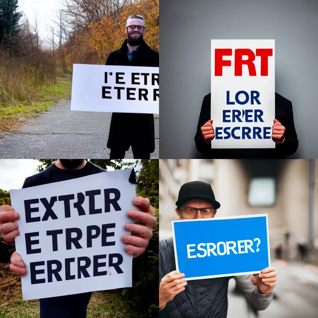 Prompt: photo of man holding a sign with text that reads : error