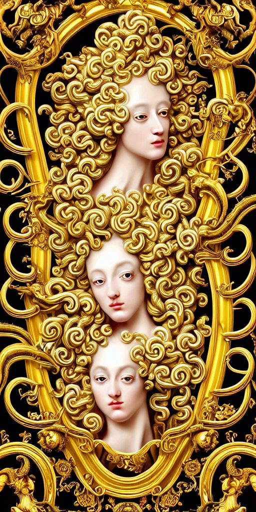 Image similar to the source of future growth dramatic, elaborate emotive Golden Baroque and Rococo styles to emphasise beauty as a transcendental, seamless pattern, symmetrical, large motifs, versace medusa logo in centre, bvlgari jewelry, rainbow syrup splashing and flowing, Palace of Versailles, 8k image, supersharp, spirals and swirls in rococo style, medallions, iridescent black and rainbow colors with gold accents, perfect symmetry, High Definition, photorealistic, masterpiece, smooth gradients, high contrast, 3D, no blur, sharp focus, photorealistic, insanely detailed and intricate, cinematic lighting, Octane render, epic scene, 8K