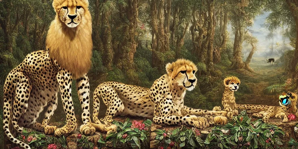 Prompt: cheetah and lion in front of birthday table in fairytale forest , huge scale, high detail, intricate by Jonathan Bentley