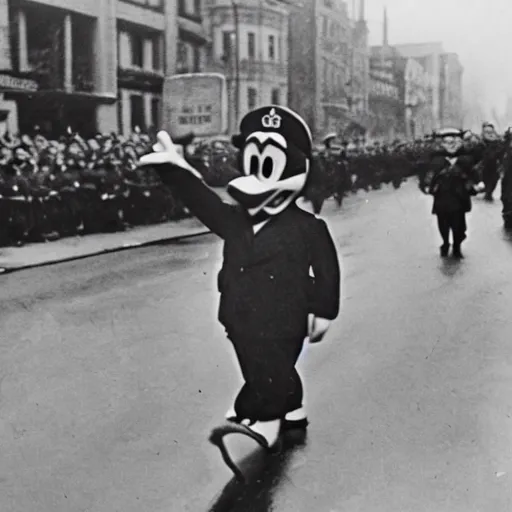 Image similar to historic colorized photograph of donald duck at a nazi parade in 1 9 3 6