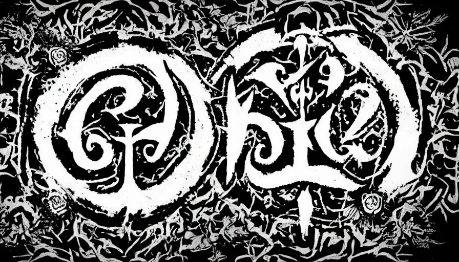 Prompt: black metal band logo designed with flowers and very happy and peaceful background