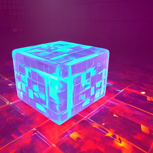 Image similar to glowing translucent cube in a meth lab, cyberpunk, dark room, trending on artstation, 4 k close up, wide angle