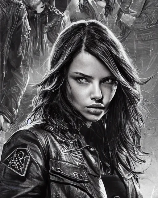 Prompt: Adriana Lima in sons of anarchy tv show, wearing jacket, D&D style , highly detailed, digital art, trending on artstation, smooth, sharp focus, illustration, art by artgem and ROBERT HYNES