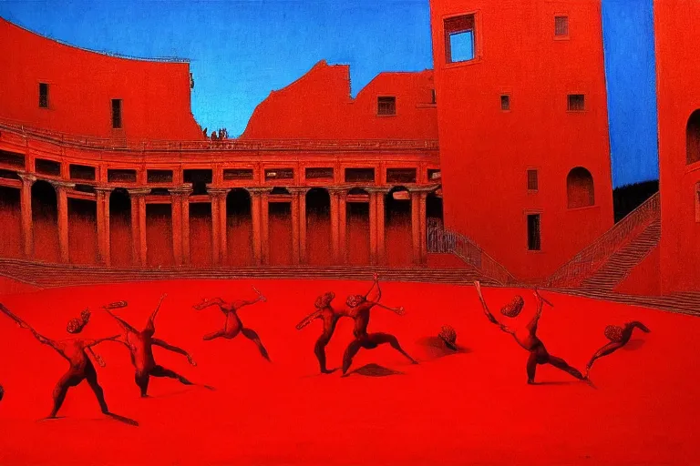 Image similar to only with red, a red great emperor, taormina amphitheatre, expressive crowd with big smile, in the style of beksinski, parts by edward hopper, parts by rodcenko, parts by yue minjun, intricate and epic composition, red by caravaggio, insanely quality, highly detailed, masterpiece, red light, artstation, 4 k