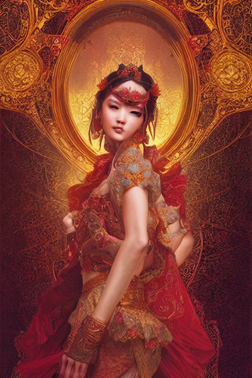 Image similar to tarot card artstation, portrait of an asian love dancer, sunrise, baroque ornamnet and rococo ornament, ancient chinese ornate, hyperdetailed, beautiful lighting, craig mullins, mucha, klimt, yoshitaka amano, red and gold and orange color palatte