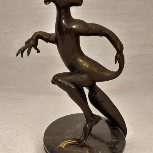 Image similar to antique 1930s France art deco. bronze figurine of a dinosaur dancing. on marble base. by Briand Marcel Bouraine. 30cm. high detail photograph. studio