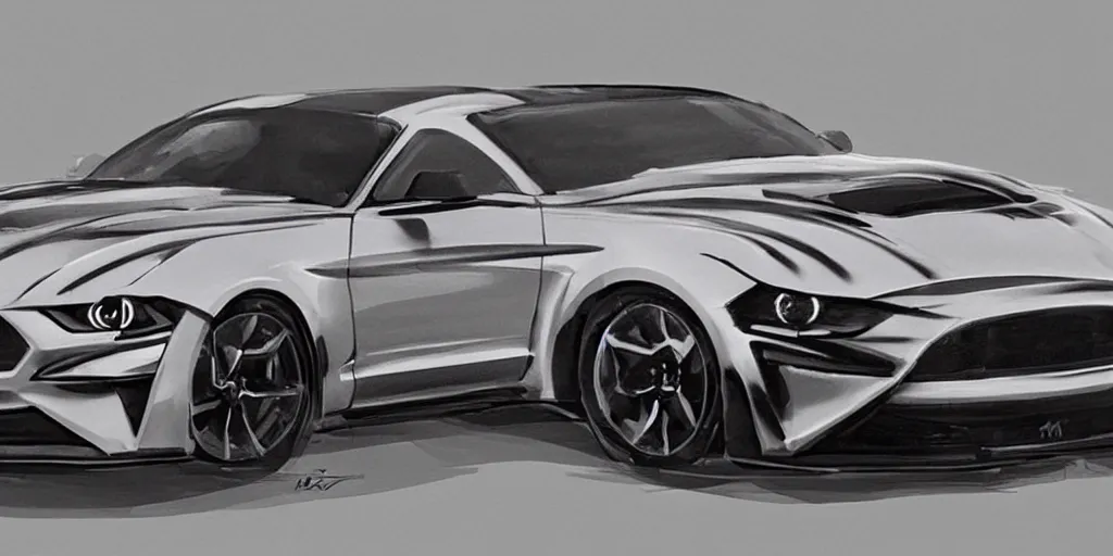 Image similar to hybrid design of Ford Mustang GT 2021 and Aston Martin 2022. No background, concept art style.