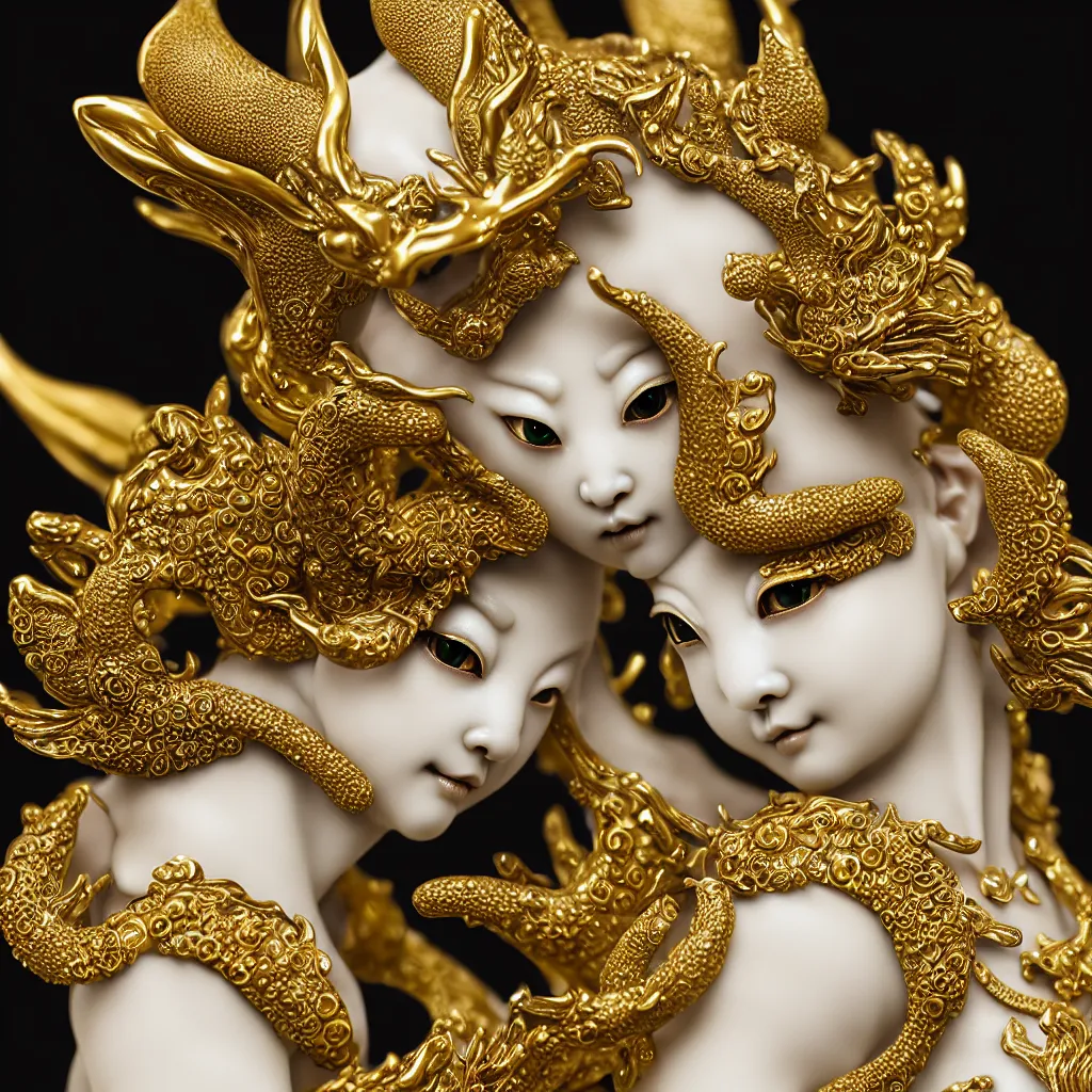 Prompt: a closeup photo - real delicate ceramic porcelain sculpture of an ornate detailed kitsune in front of an intricate background by rafael, micro detail, backlit lighting, subsurface scattering, translucent, thin porcelain, octane renderer, black and green and gold jewelry, physically based rendering, trending on cgsociety