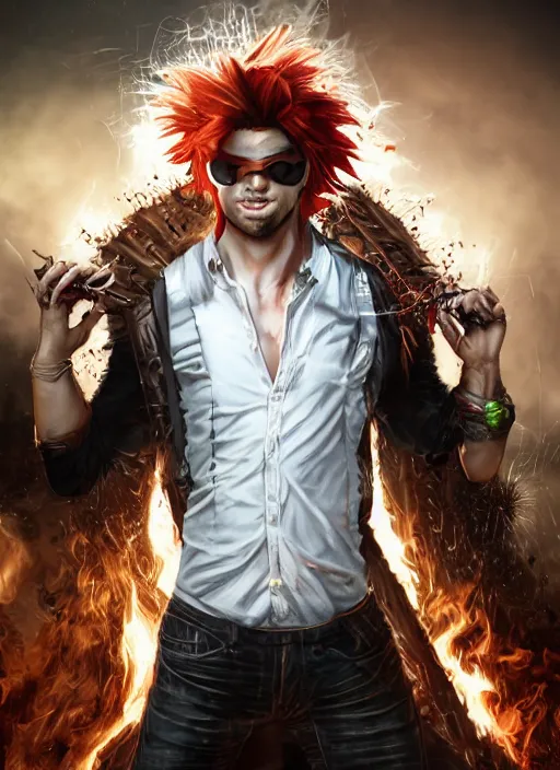 Image similar to An epic fantasy comic book style portrait painting of young man with red spiked long hair, using googles. Wearing a black waistcoat, white shirt. Fire on his hands. Unreal 5, DAZ, hyperrealistic, octane render, cosplay, RPG portrait, dynamic lighting