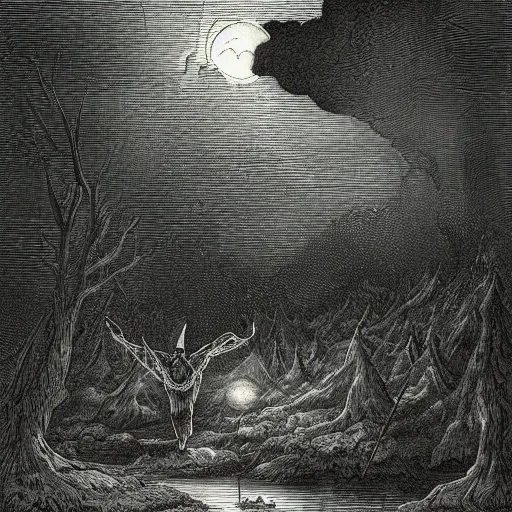 Prompt: wanderer, lake, forest, dark clouds, angels, demons, moon, nightsky, moonrays, shadows, high detail, gorgeous view, depth, illustration by Gustav Doré