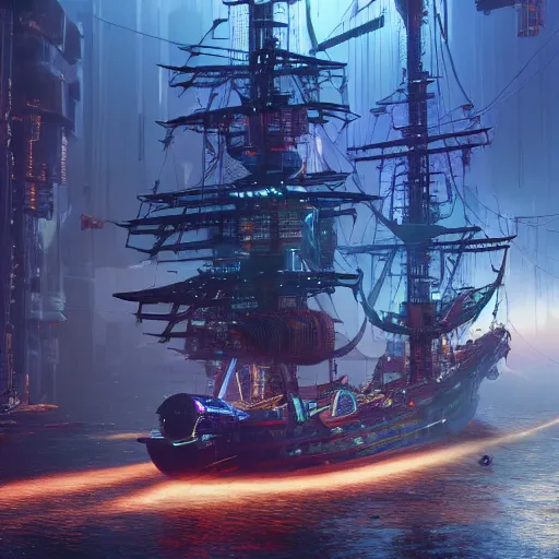 Image similar to high quality photo of a pirate ship in a cyberpunk cyberpunk cyberpunk city, realism, 8k, award winning photo