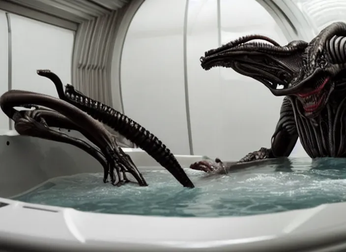 Image similar to film still of alien!! xenomorph!! relaxing in a hot tub in the new alien movie, 4 k