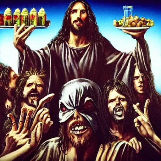 Image similar to the lord's supper, jesus accompanied by undeads in iron maiden album cover style