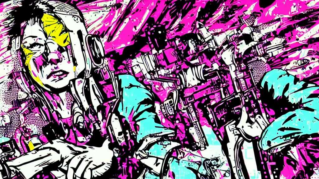 Image similar to hotline miami futuristic japanese cyberpunk by roy lichtenstein, by andy warhol, ben - day dots, pop art, bladerunner, pixiv contest winner, cyberpunk style, cyberpunk color scheme, mechanical, high resolution, hd, intricate detail, fine detail, 8 k