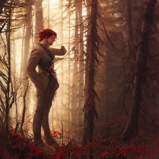 Image similar to man trapped in woods, desperate, dark red regal clothing, sharp focus, intricate, cinematic lighting, smooth, ultra realistic digital art, high fantasy, elegant, by artgerm, greg rutkowski, alphonse mucha