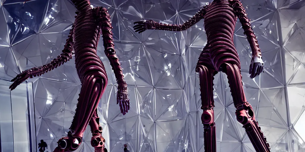 Image similar to star base, walking down the catwalk, vogue photo, podium, fashion show photo, iris van herpen baroque dress, beautiful woman, perfect body, full body shot, helmet on face, inflateble shapes, masterpiece, guyver, biomechanical details, denis villeneuve, movie still, fauvism, cinestill, bokeh, artstation