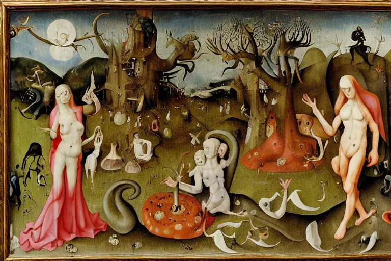 Image similar to a detailed horror vacui depicting adam and eve, in the garden of eden, eating a giant psychedelic mushroom, snakes and angels are in the background, 8K, hieronymus bosch, Jean Duvet,