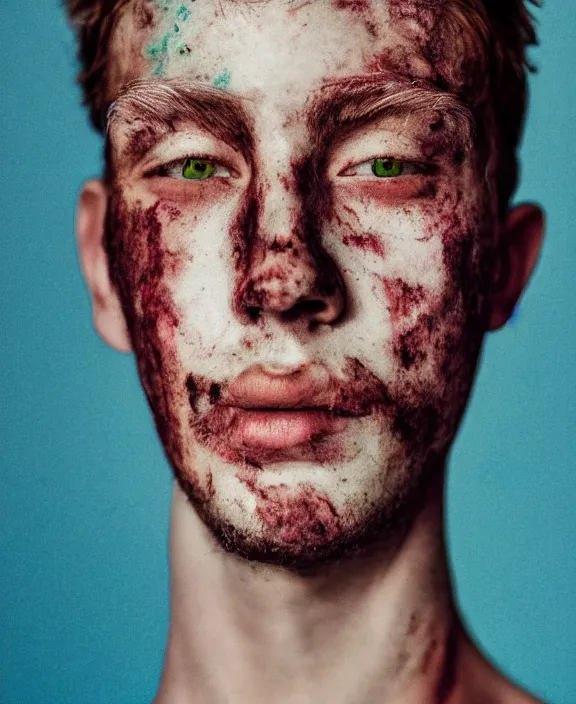 Image similar to portrait of a young gentleman with color smeared in his face, digital photography, fashion magazine, close - up, detailed
