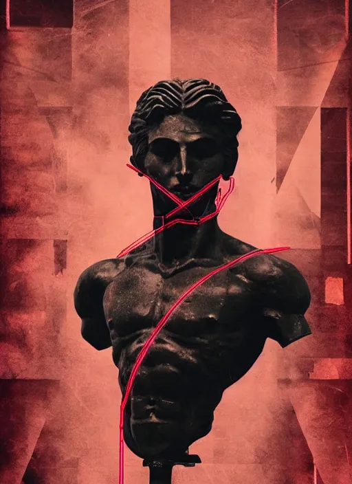 Prompt: dark design poster showing a statue of achilles, black background with very subtle red and purple design elements, powerful, nekro, vito acconci, thin straight lines, dark, glitch art, neo vaporwave, gritty, layout frame, square, extremly detailed, trending on artstation