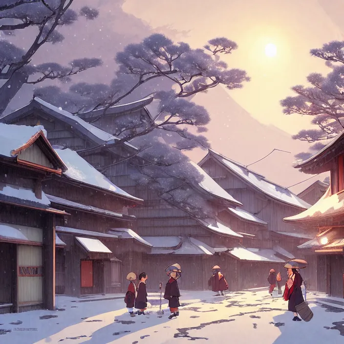 Prompt: japanese rural town, winter, in the style of studio ghibli, cinematic, j. c. leyendecker, greg rutkowski, artem, john harris