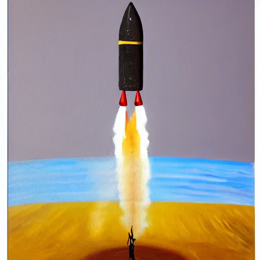 Image similar to a painting of a giant coin connected to a rocket shooting towards the moon