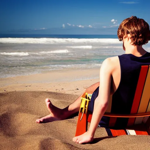 Image similar to beautiful teenage boy, around 22 yo, natural brown hair sitting on a deckchair on the beach. Detailed face, blue sky. Award winning photograph.