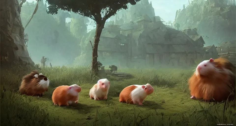 Image similar to hyper realistic cute guineapigs everywhere, by simon stalenhag, frank frazetta, greg rutkowski, beeple, yoko taro, christian macnevin, wlop and krenz cushart, epic fantasy character art, volumetric outdoor lighting, midday, high fantasy, cgsociety, cheerful colours, full length, exquisite detail, post - processing, masterpiece, cinematic