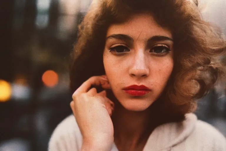 Prompt: 7 0 s street photography, close - up portrait, light shining on model lips, soft light, no focus