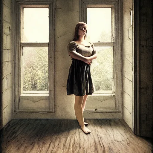 Prompt: a portrait of a young woman standing at an open window by gregory crewdson and andrea kowch