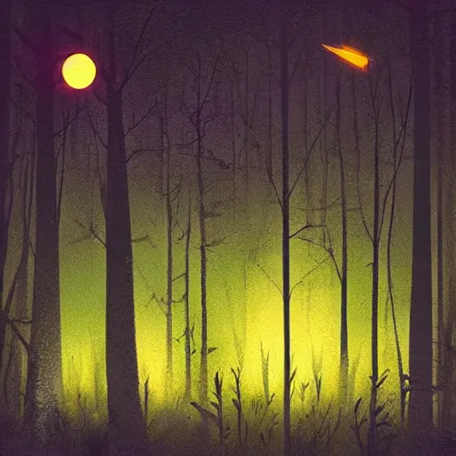 Prompt: forest at night with floating lights, retro science fiction vintage art