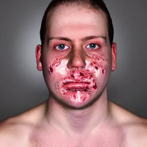 Image similar to a caucasian man with the most acne in the world. acne on face, acne on body, huge zits all over body, desperate, depression, dark mood, hate life, puss zits, pimples