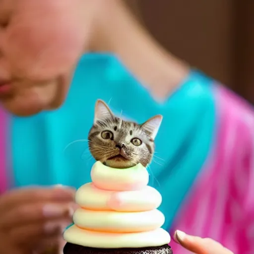 Image similar to a cute cat blowing out a candle on a cupcake