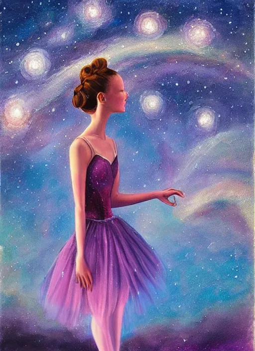 Prompt: ballerina in a dress looking at a starry sky, galaxy, beautiful, painting, highly detailed, soft light