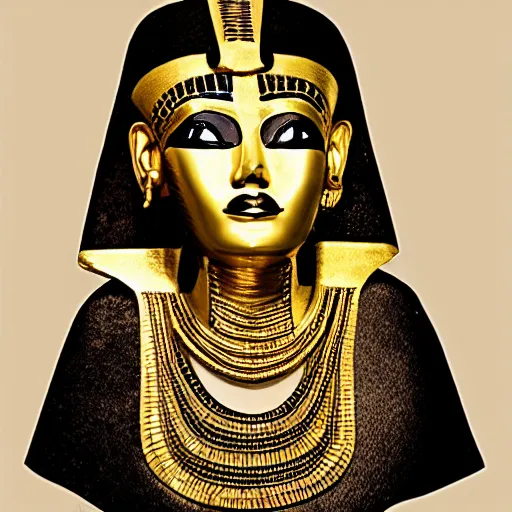 Image similar to photograph of an egyptian woman, gold face chains, chains, egyptian clothing, gold patterns, black clothing, elegant, fancy, rich, character design, costume, egyptian, arabian, dune, desert