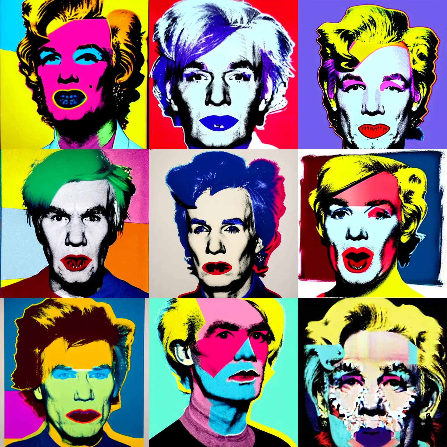 Prompt: colour portrait of angry andy warhol, 30 years old, who looks sternly at us, with shoulders visible in the frame. in the style of andy warhol