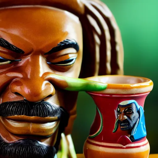 Image similar to a photorealistic photograph of a Trader Vic's tiki mug featuring Snoop Dogg at a Tiki bar - Trending on Artstation, featured on Behance, well-rendered, Unreal Engine, 4K HD