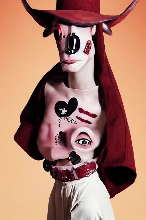 Image similar to comme des garcons campaign featuring jar jar binks as a female cowgirl, long eyeslashes, huge juicy lips, big seductive eyes, unprocessed colors, # nofilter, realistic vfx simulation