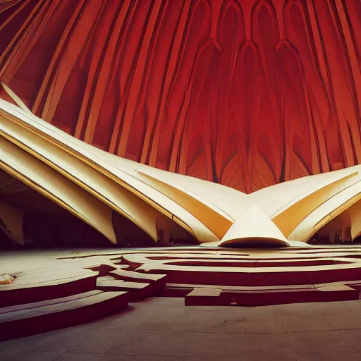 Image similar to interior of a futuristic lotus temple with gold, red and white marble panels, in the desert, by buckminster fuller and syd mead, intricate contemporary architecture, photo journalism, photography, cinematic, national geographic photoshoot