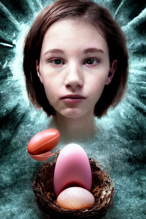 Image similar to portrait of a girl merge with parasite monster that mind control and lay eggs, still shot from movie