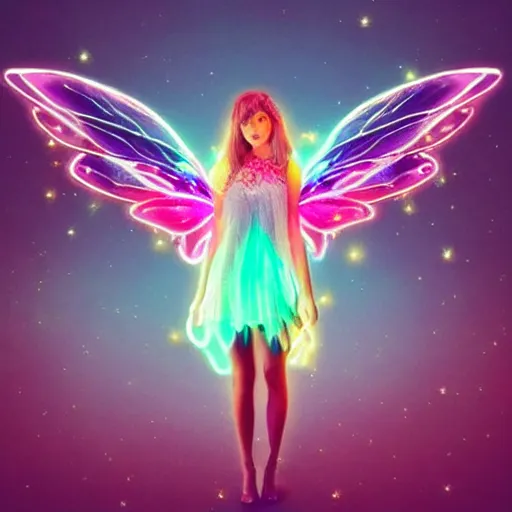 Prompt: fairy princess, galaxy wings, woodland grove, neon wings beautiful colorful pretty artistic 4 k artstation trending dramatic lighting realistic floral garden blooming flowers