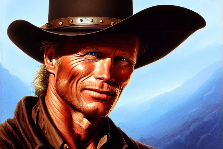 Prompt: poster portrait of ed harris as a black hat cowboy in silverado ( 1 9 8 5 ). oil painting elegant, highly detailed, centered, digital painting, artstation, concept art, smooth, sharp focus, illustration, artgerm, tomasz alen kopera, peter mohrbacher, donato giancola, joseph christian leyendecker drew struzan