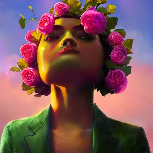 Image similar to closeup, huge rose flower head, frontal, a girl in a suit, surreal photography, sunrise, dramatic light, impressionist painting, digital painting, artstation, simon stalenhag