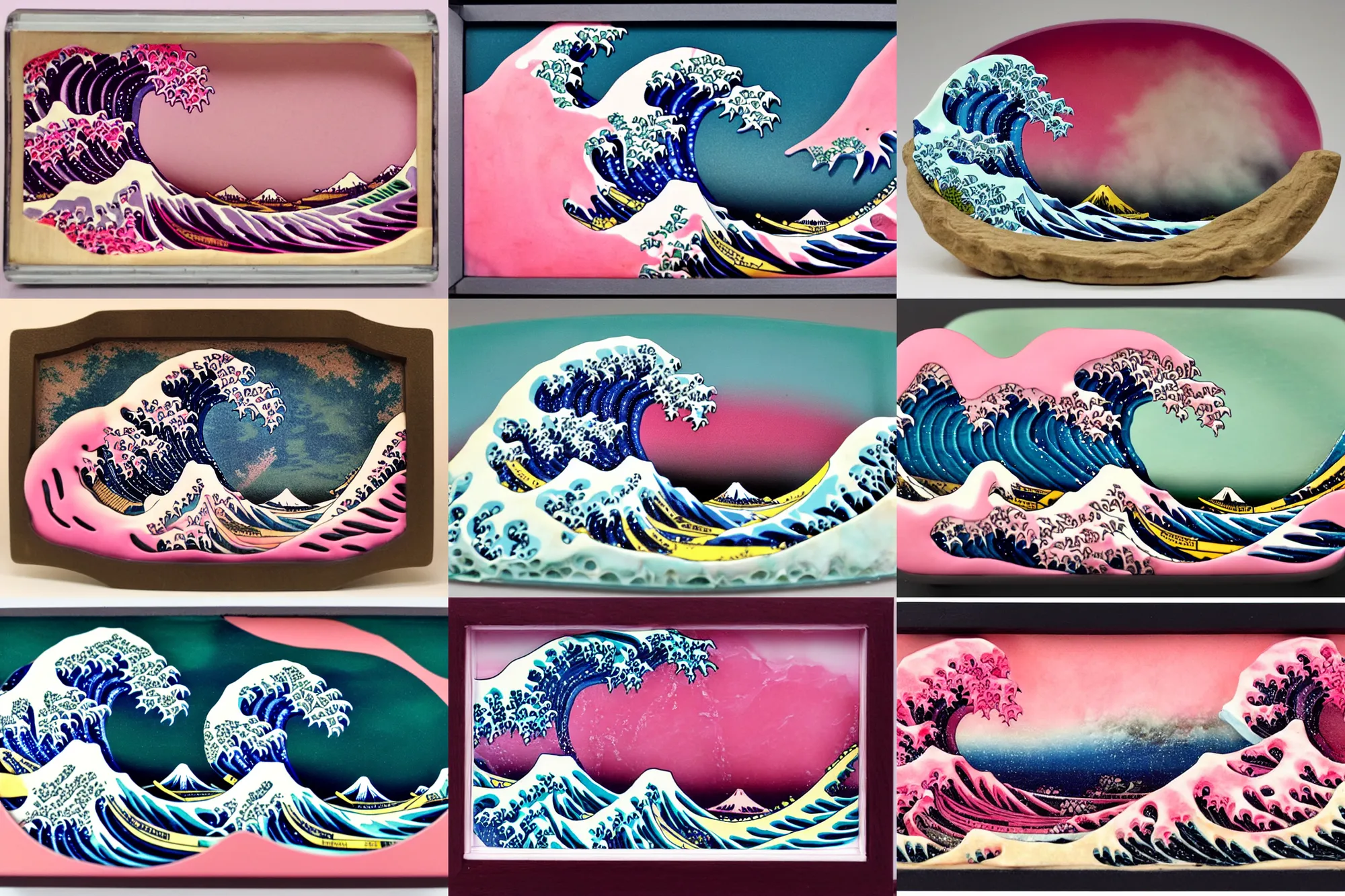 Prompt: carved diorama of the great wave of kanagawa with pink lava and fire, carved out of transparent marble with celadon glaze