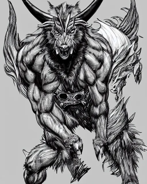 Image similar to A minotaur wolf, full body, black and white, fantasy art, monster art, in the style of masami kurumada, illustration, epic, fantasy, intricate, hyper detailed, artstation, concept art, smooth, sharp focus, ray tracing