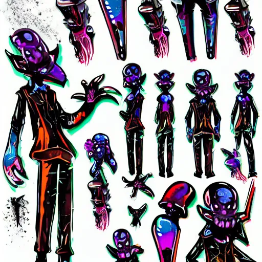 Image similar to character design sheets for a new sinister vampire squid character, artwork in the style of splatoon from nintendo, art by tim schafer from double fine studios, black light, neon, spray paint, punk outfit, tall thin toothpick like frame, adult character, fully clothed, color explosion, spray paint, colorful, gothic rainbow, sparkles and glitter, pop art