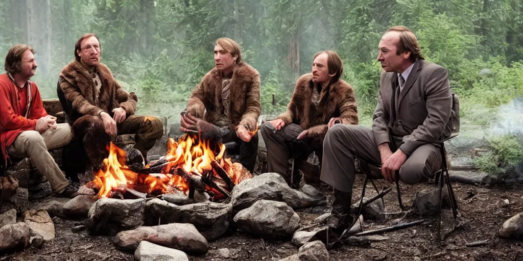 Prompt: high quality photograph of saul goodman sitting near a campfire in ice age with an ancient tribe