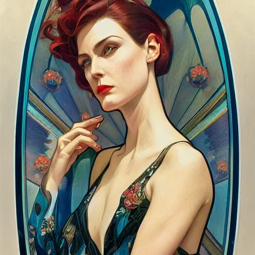 Image similar to a streamline moderne painting in the style of donato giancola, and in the style of charlie bowater, and in the style of alphonse mucha. symmetry, smooth, sharp focus, semi - realism, intricate detail.