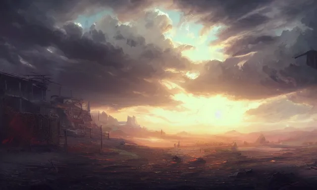 Image similar to post apocalyptic landscape, wallpaper, artstation, digital painting, hd, high detailed