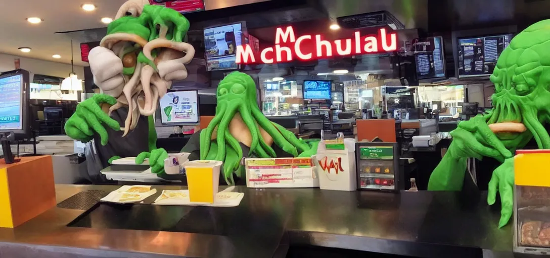 Image similar to Cthulhu working at McDonalds because he lost all of his money leverage trading bitcoin