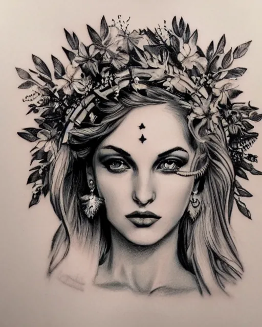 Image similar to realism tattoo sketch of mariyln monroe as a beautiful greek goddess aphrodite with piercing eyes wearing a laurel wreath and triangle earrings, in the style of greg rutkowski, amazing detail